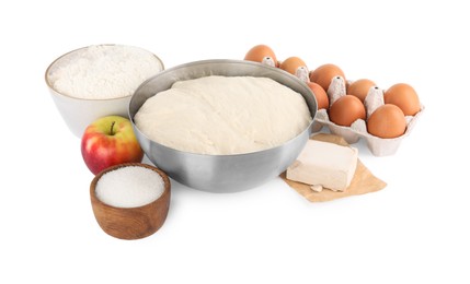 Fresh yeast dough and ingredients for cake on white background