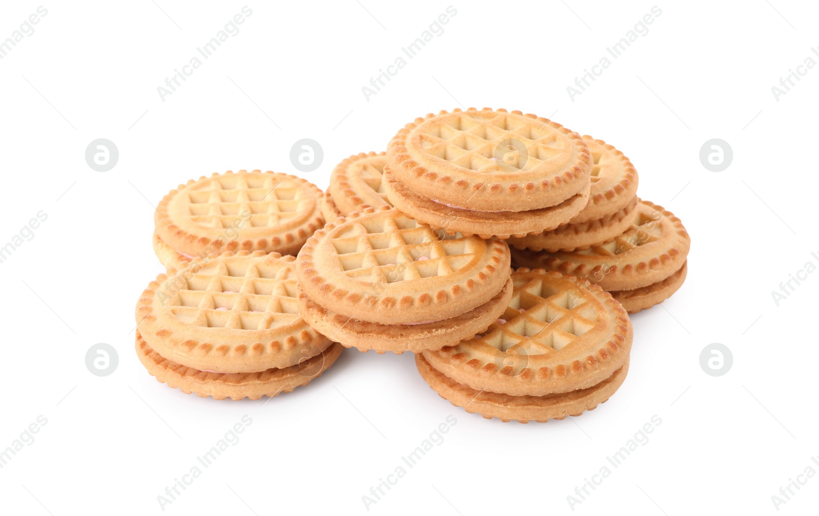 Photo of Many tasty sandwich cookies with cream isolated on white