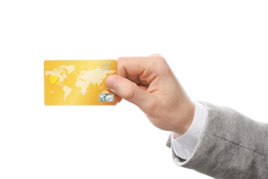 Photo of Young man holding credit card on white background