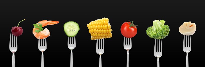 Image of Forks with different food products on black background, collection