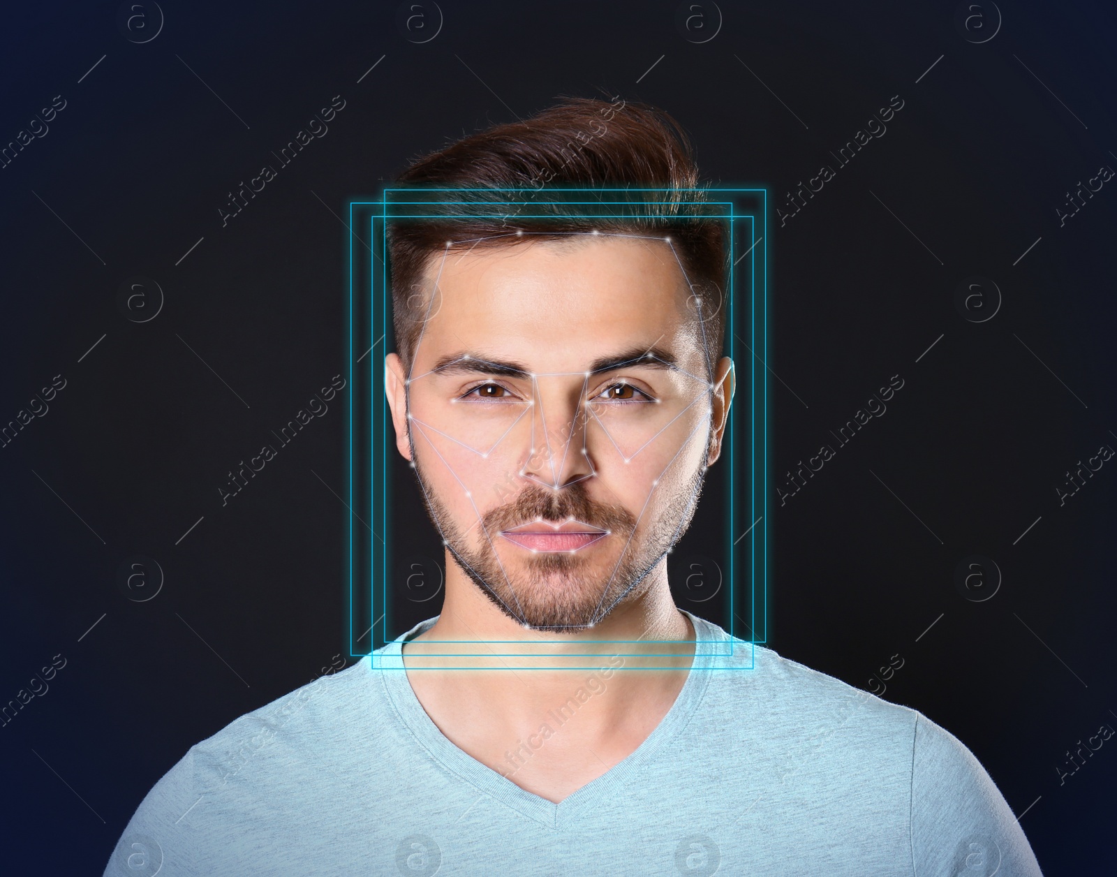 Image of Facial recognition system. Young man with scanner frame and digital biometric grid on dark background