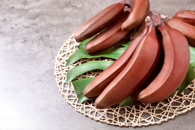 Tasty red baby bananas on grey table, space for text