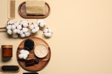 Bath accessories. Flat lay composition with personal care products on beige background, space for text