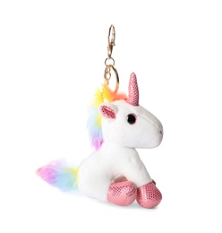 Photo of Cute soft unicorn keychain on white background