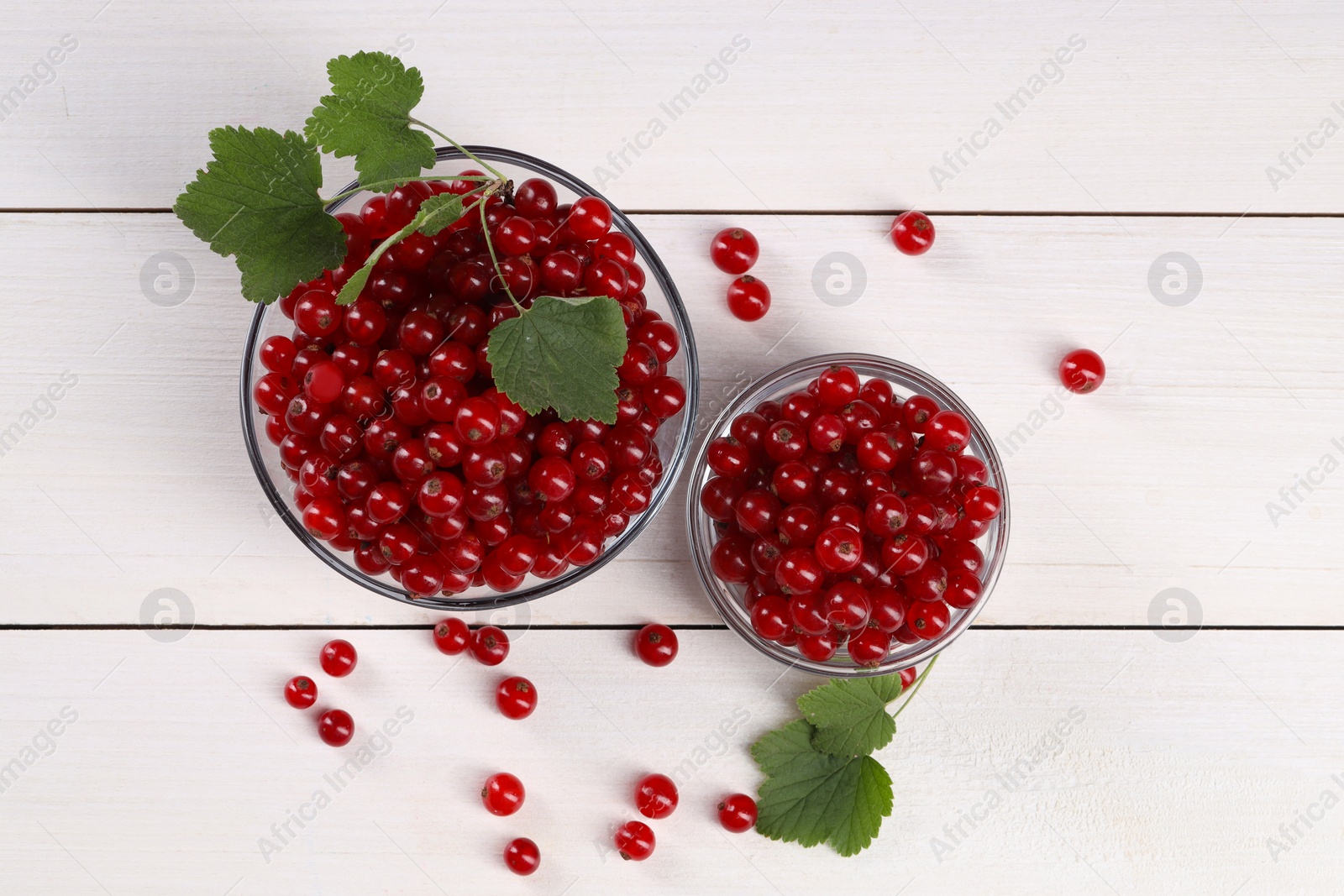 Photo of Many ripe red currants and leaves on white wooden table, flat lay