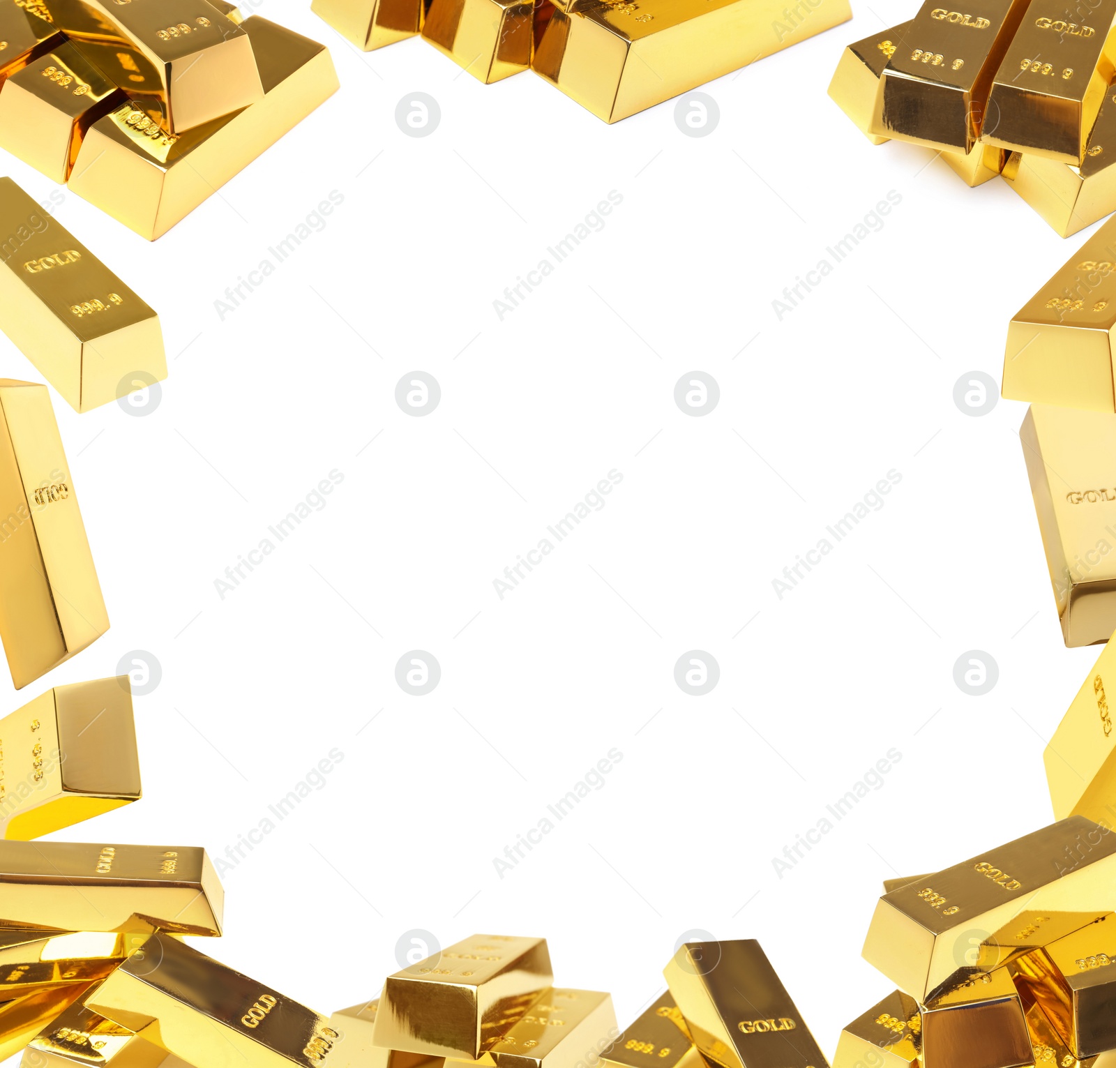 Image of Frame made of shiny gold bars on white background. Space for text