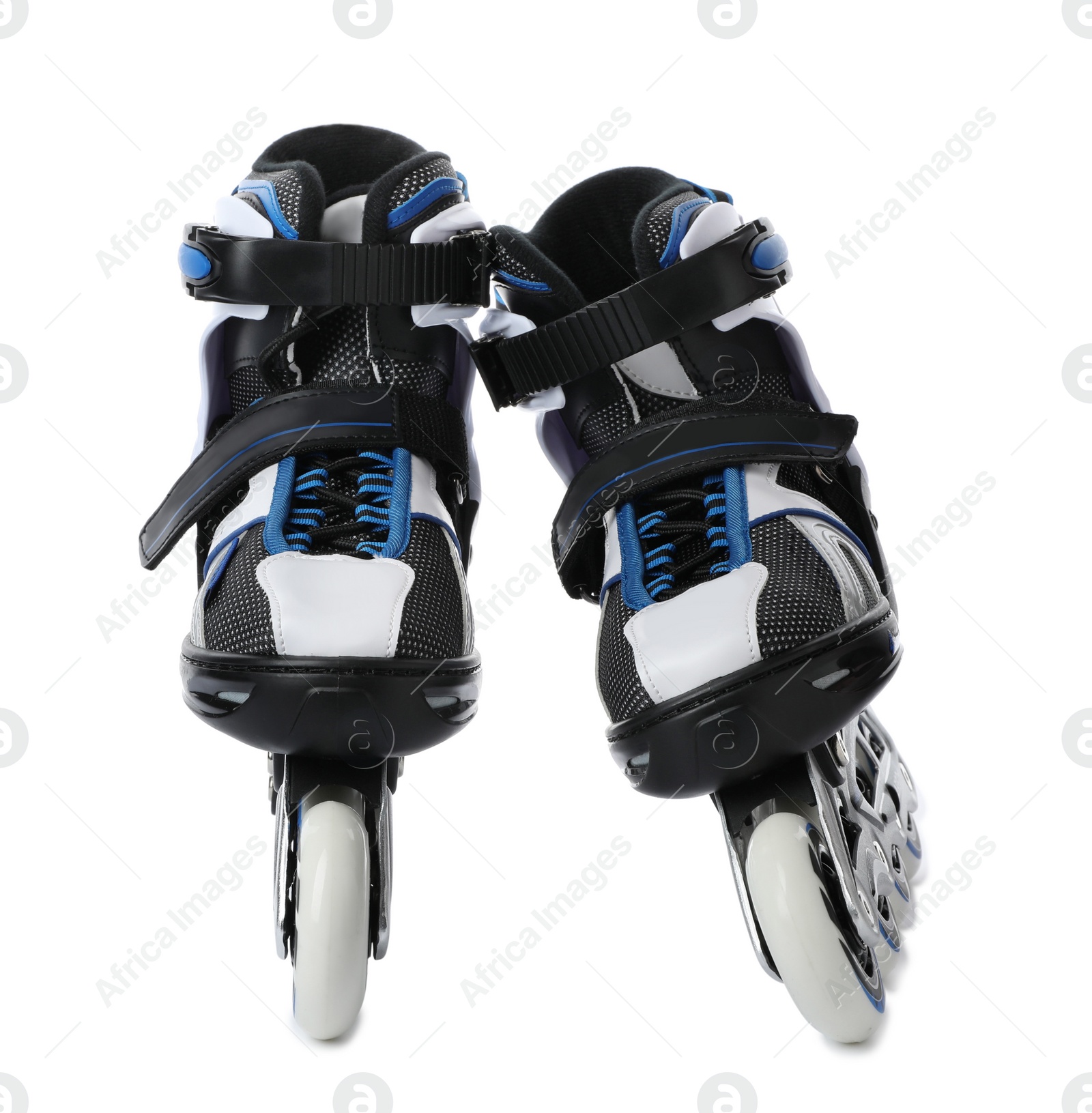 Photo of Pair of inline roller skates on white background