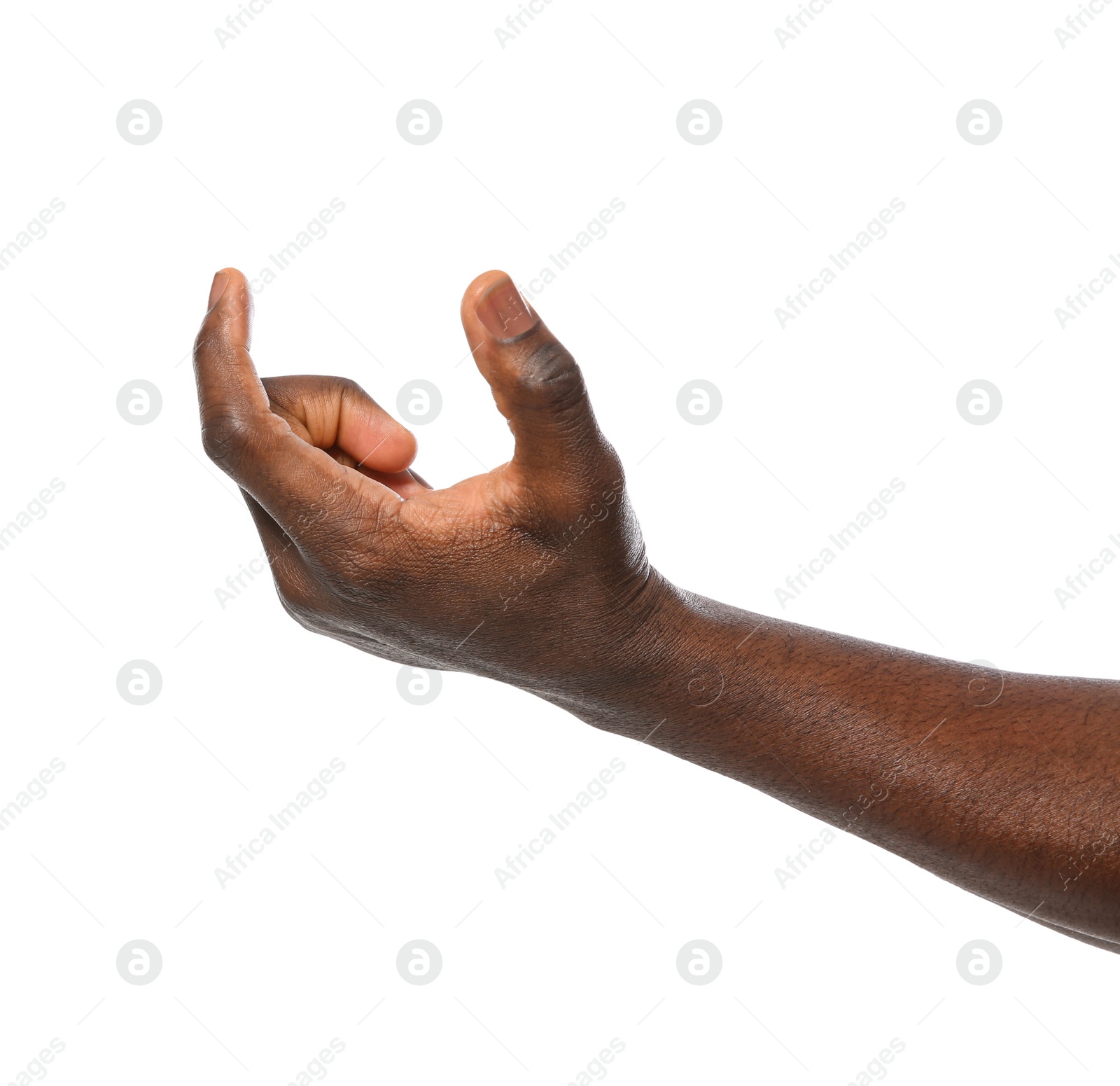 Photo of African-American man holding something in hand on white background, closeup