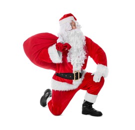 Photo of Man in Santa Claus costume with bag posing on white background