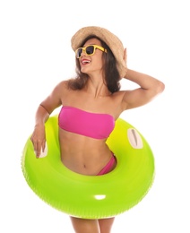 Photo of Beautiful young woman with inflatable ring on white background