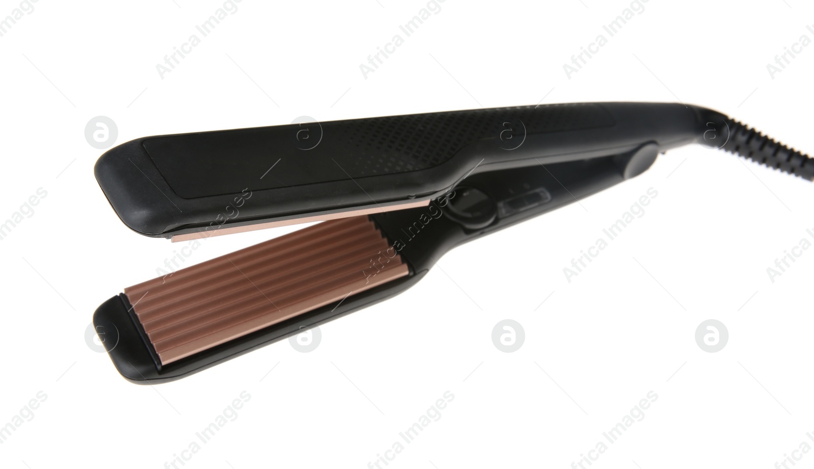 Photo of Flat iron with zigzag plate isolated on white. Hair styling device