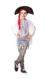 Photo of Cute little boy wearing Halloween costume on white background