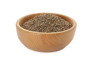 Bowl of dry dill seeds isolated on white