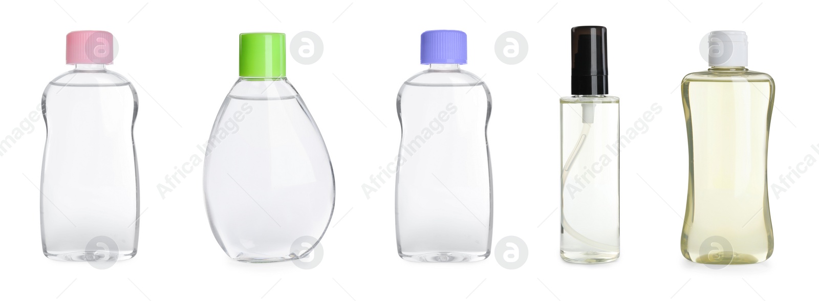 Image of Set with bottles of baby oil on white background. Banner design