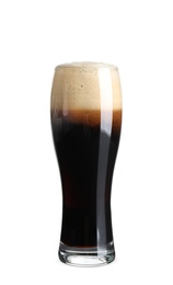 Photo of Glass of cold dark beer on white background