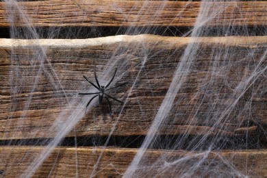 Photo of Cobweb and spider on wooden surface, top view