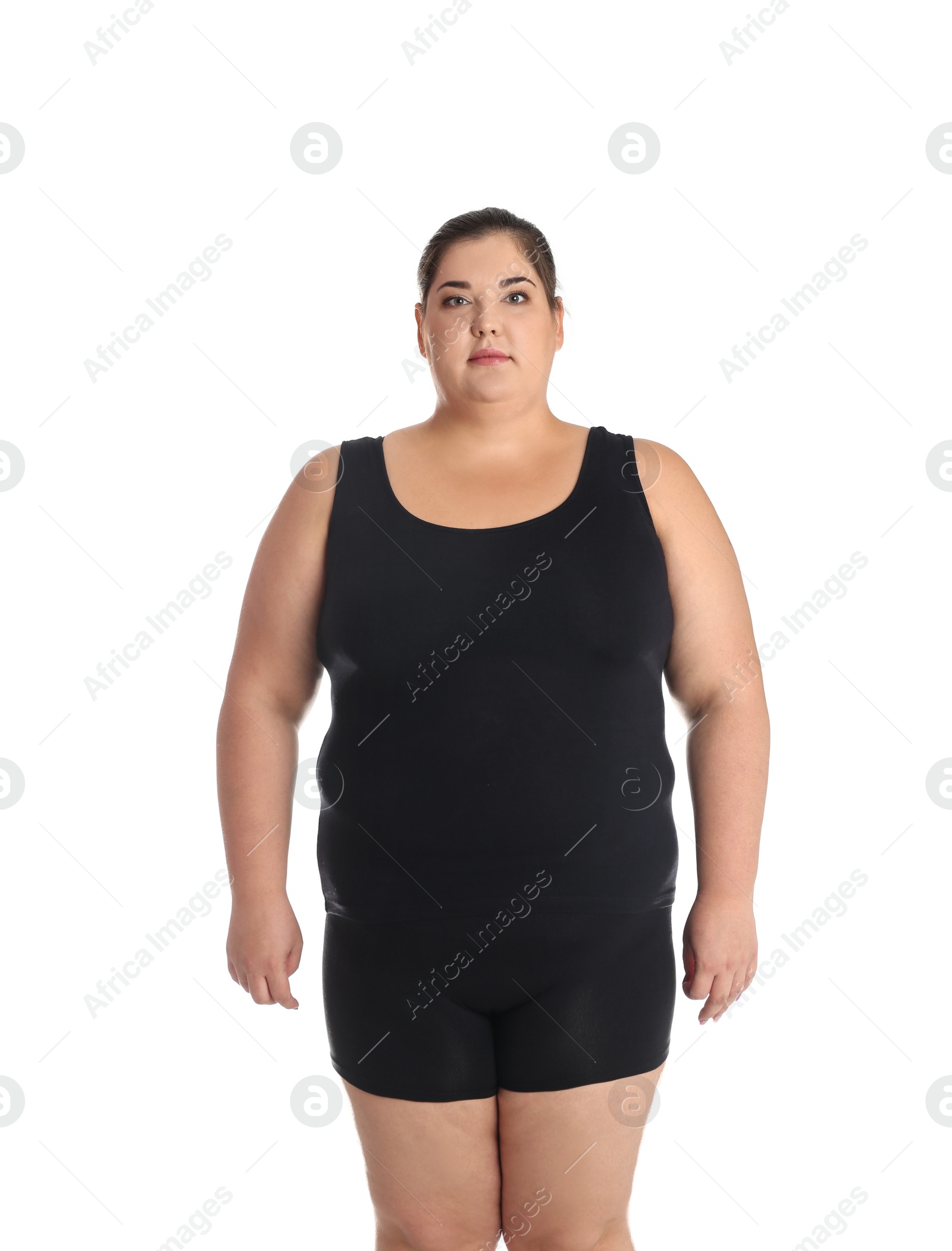 Photo of Overweight woman before weight loss on white background