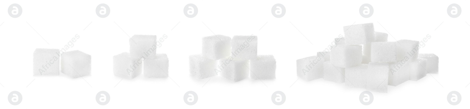 Image of Set with refined sugar cubes on white background. Banner design  