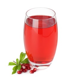 Photo of Refreshing pomegranate juice in glass, leaves and seeds isolated on white