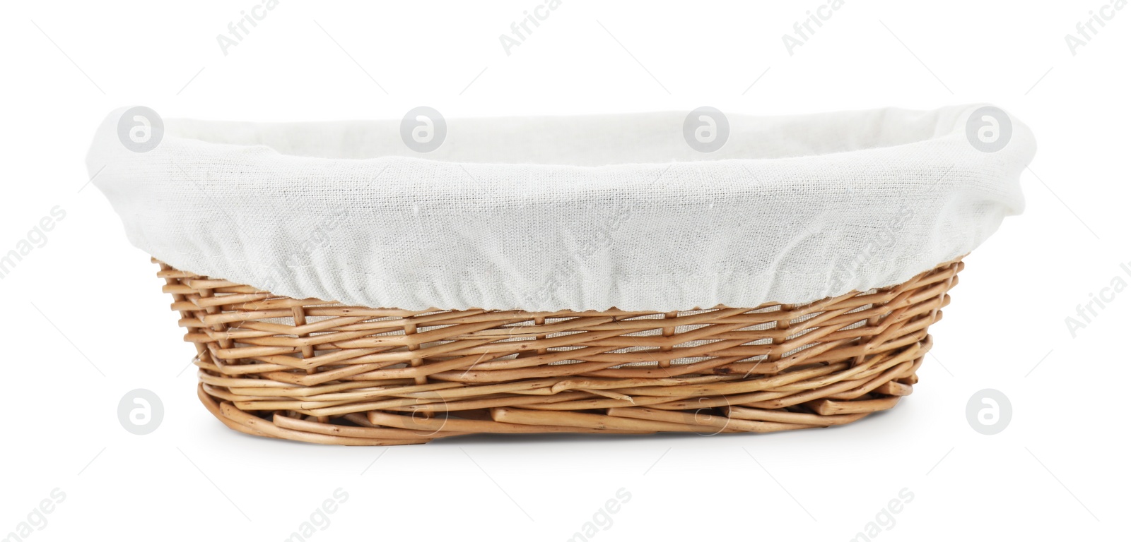 Photo of One empty wicker bread basket isolated on white