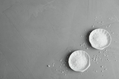 Plates with natural sea salt on grey table, flat lay. Space for text