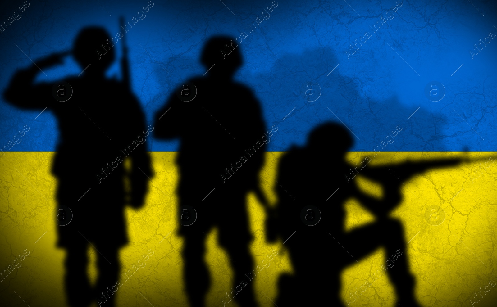 Image of Silhouettes of soldiers with Ukrainian flag colors on background. Military service during war