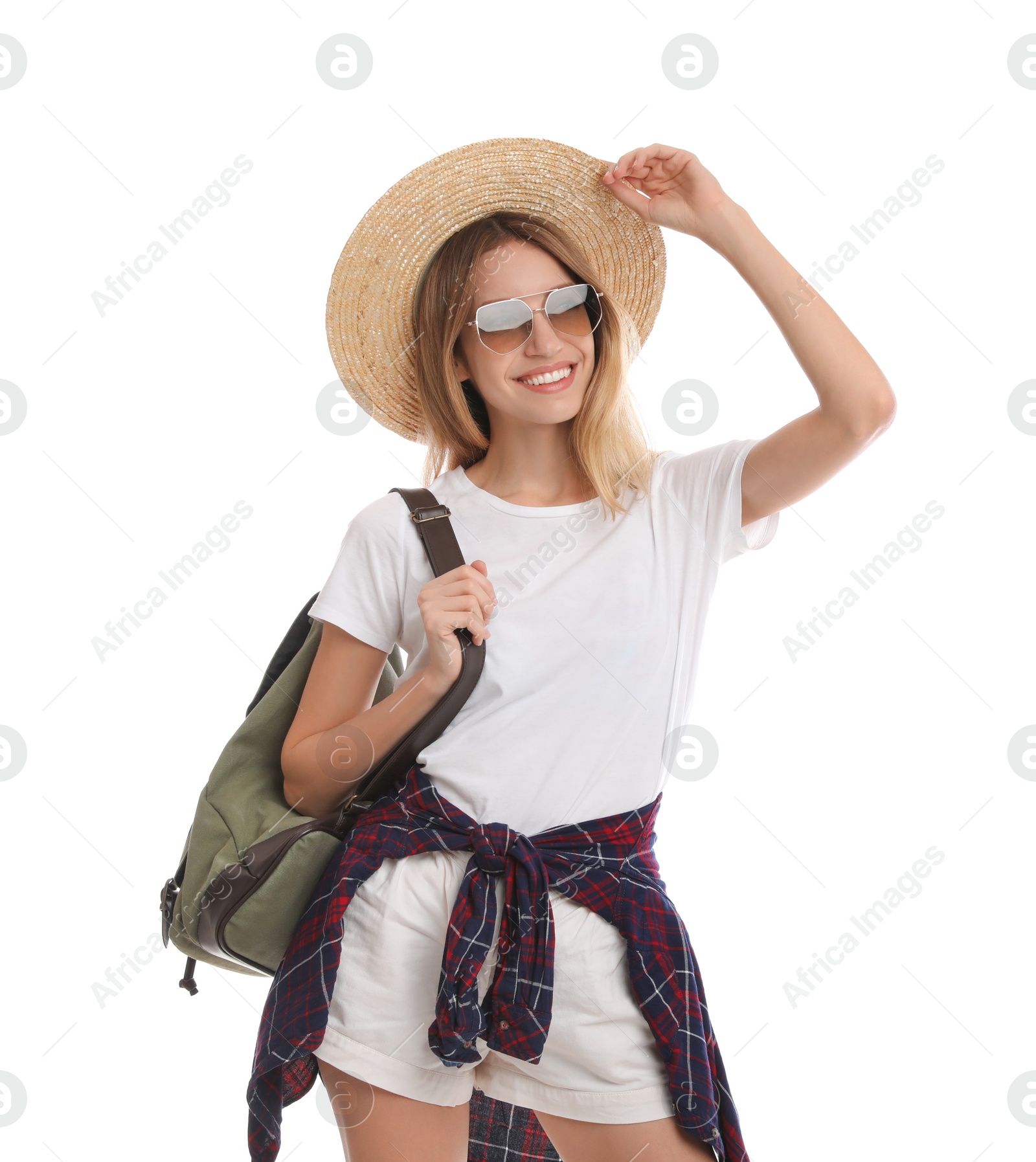 Photo of Woman with backpack and straw hat on white background. Summer travel