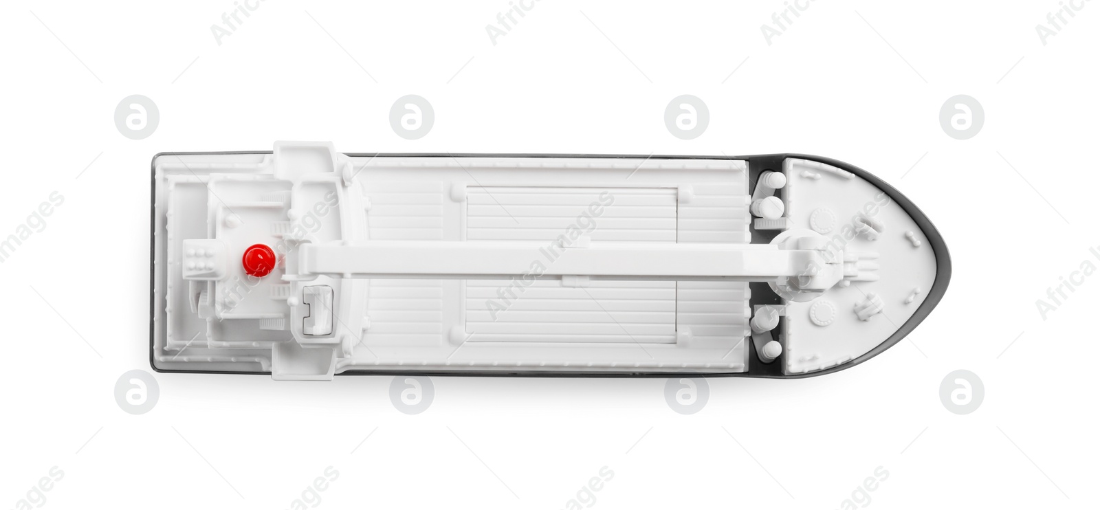 Photo of Toy cargo vessel isolated on white, top view. Export concept