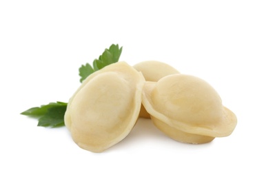 Photo of Boiled dumplings with tasty filling on white background