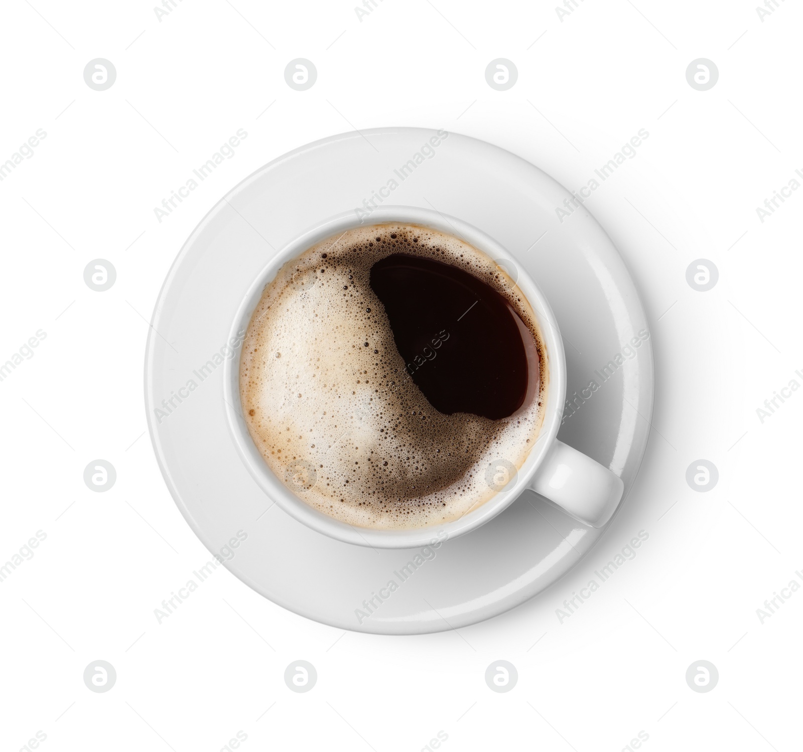 Photo of Tasty coffee in cup isolated on white, top view