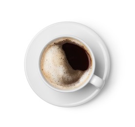 Tasty coffee in cup isolated on white, top view