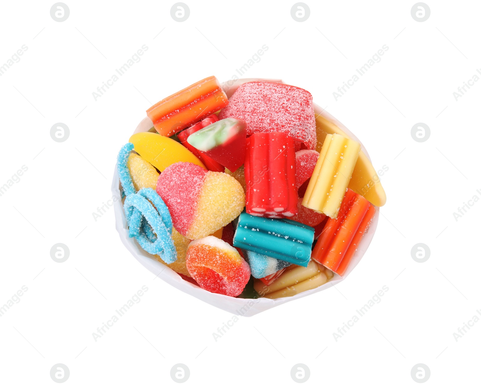 Photo of Paper bag of tasty colorful jelly candies on white background, top view
