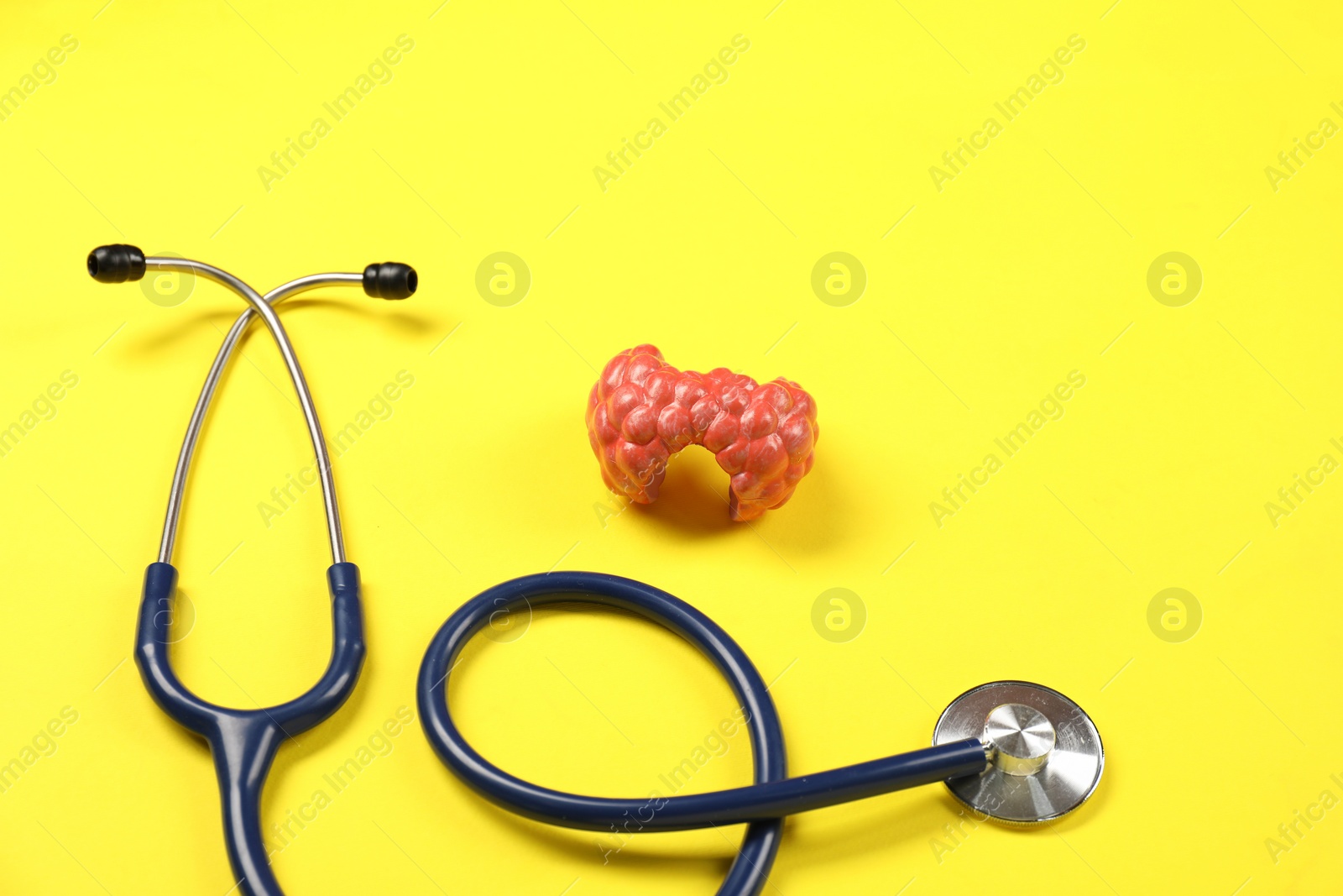 Photo of Endocrinology. Stethoscope and model of thyroid gland on yellow background, closeup. Space for text