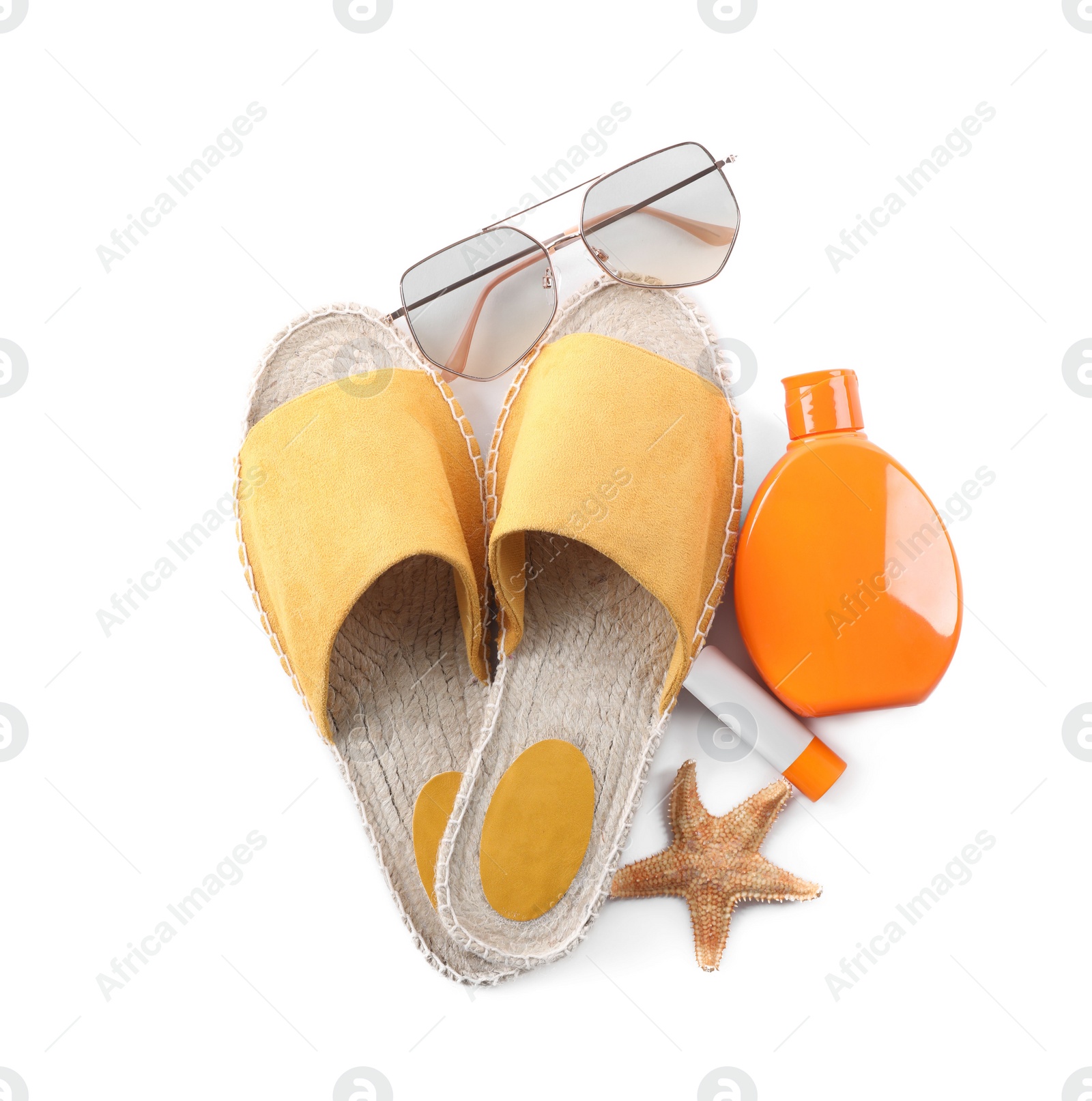 Photo of Composition with beach objects on white background, top view