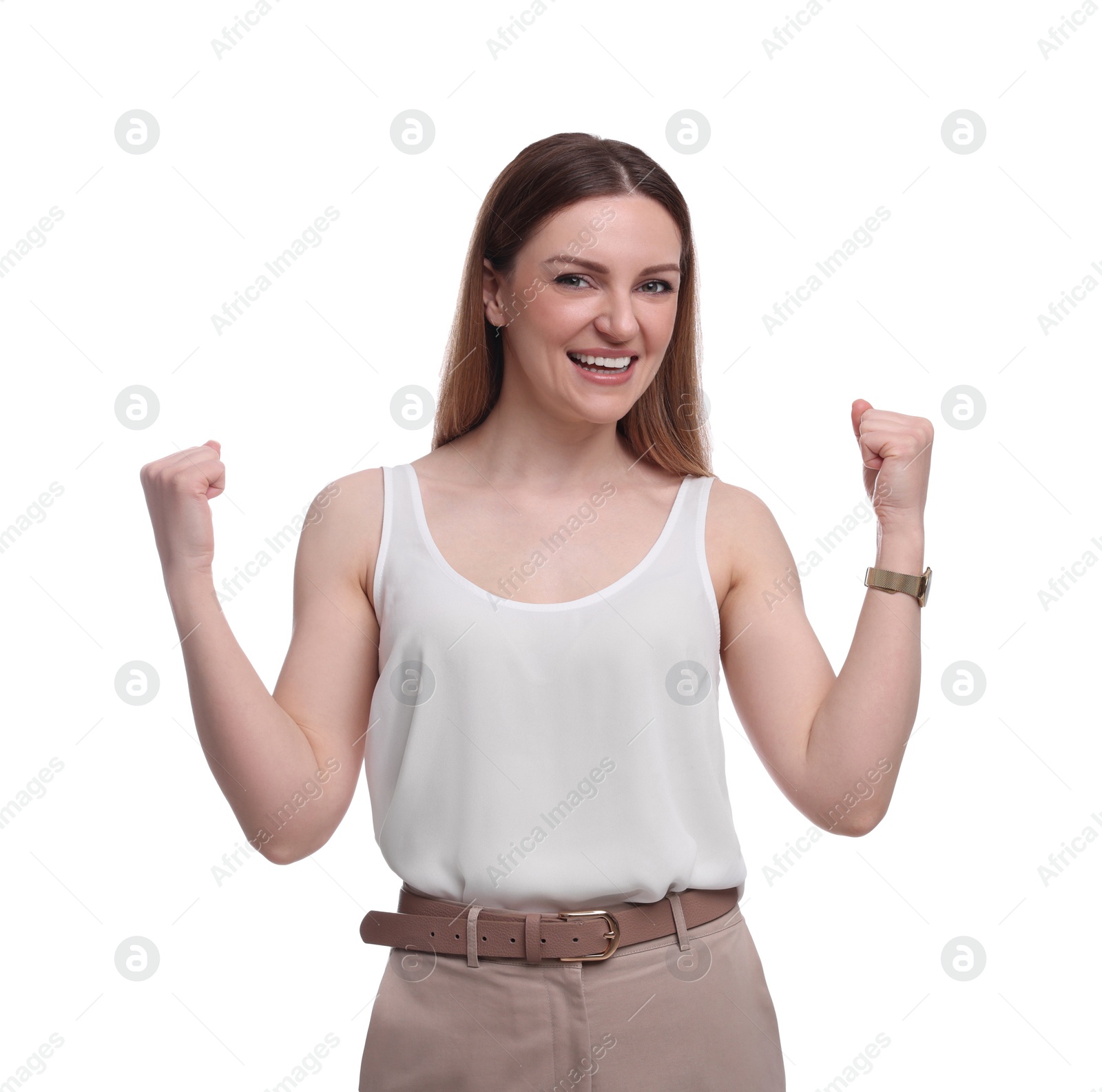 Photo of Beautiful emotional business woman on white background