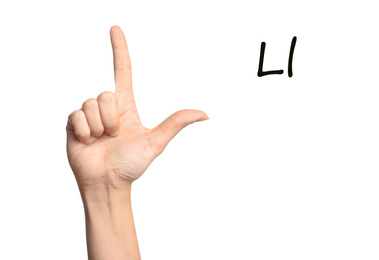 Image of Woman showing letter L on white background, closeup. Sign language