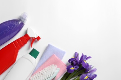 Spring cleaning. Detergents, flowers, brush and rags on white background, flat lay. Space for text