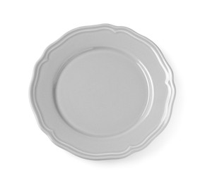 Photo of Empty light gray ceramic plate isolated on white, top view