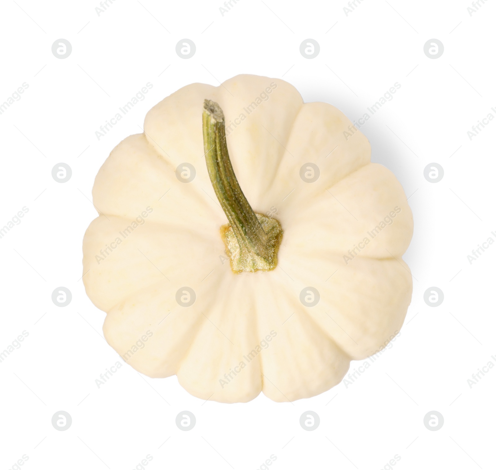 Photo of One fresh ripe pumpkin isolated on white, top view