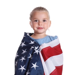 Photo of Little girl with American flag on white background