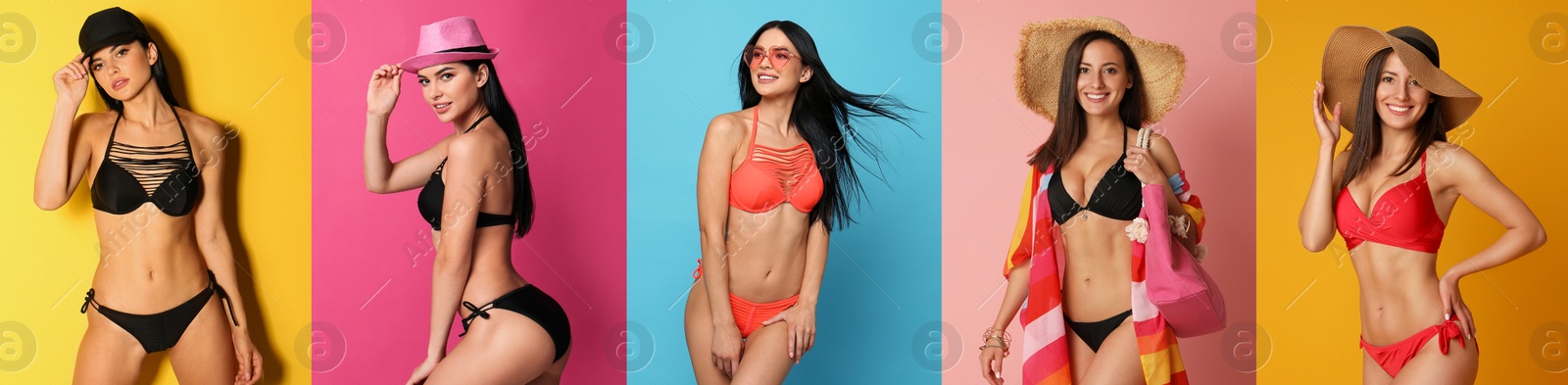 Image of Collage with photos of women wearing bikini on different color backgrounds. Banner design
