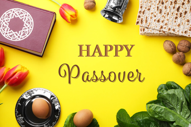 Image of Flat lay composition with symbolic Pesach (Passover Seder) items on yellow background
