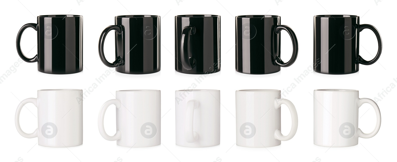 Image of Set with different ceramic mugs on white background. Banner design