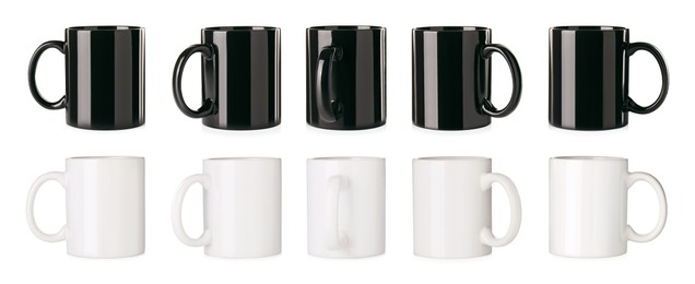 Set with different ceramic mugs on white background. Banner design