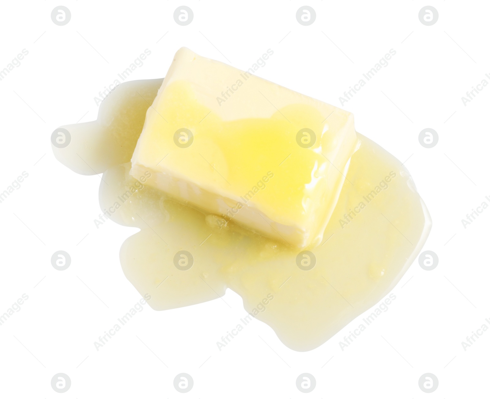 Photo of Piece of melting butter on white background, top view