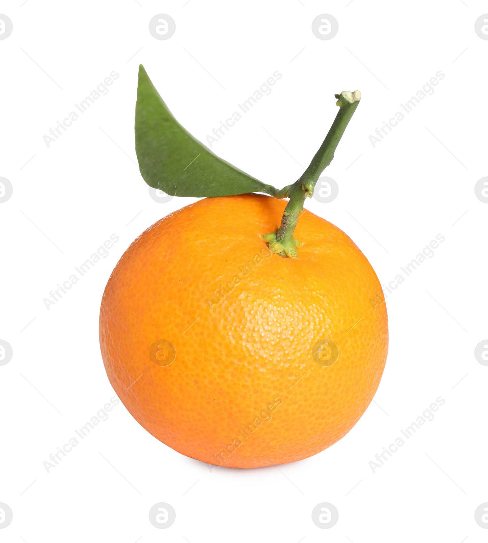 Photo of Fresh ripe juicy tangerine with green leaf isolated on white