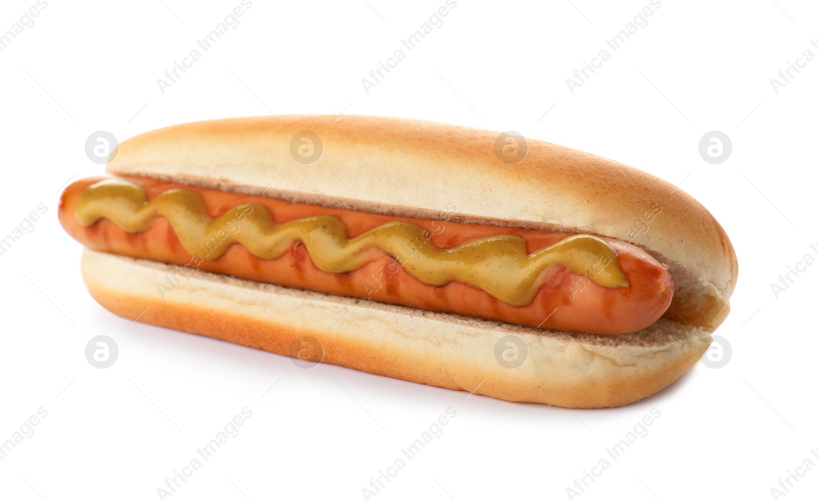 Photo of Tasty hot dog with mustard on white background