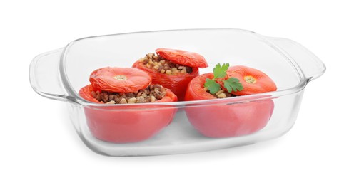 Photo of Baking tray of delicious stuffed tomatoes isolated on white