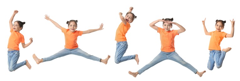 Image of Cute little girl jumping on white background, collage. Banner design