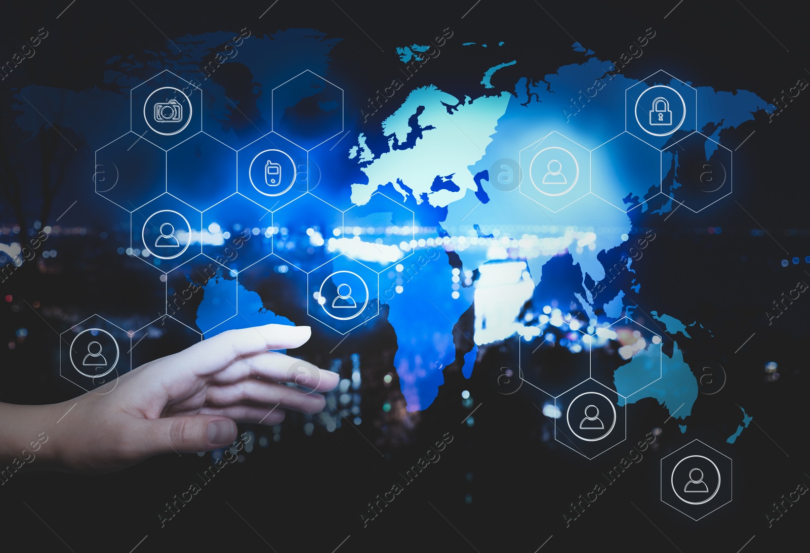 Image of Woman activating protection against cyber attack, closeup. Digital icons and world map